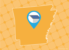 Simple map of Arkansas with a map pin showing a roof with installed solar panels