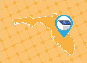 Simple map of Florida with a map pin showing a roof with installed solar panels