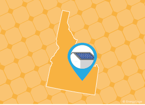 Simple map of Idaho with a map pin showing a roof with installed solar panels