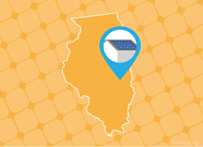 Simple map of Illinois with a map pin showing a roof with installed solar panels