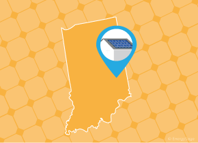 Simple map of Indiana with a map pin showing a roof with installed solar panels