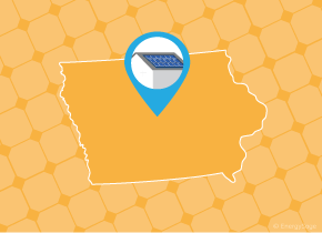 Simple map of Iowa with a map pin showing a roof with installed solar panels