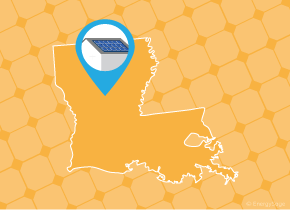 Simple map of Louisiana with a map pin showing a roof with installed solar panels