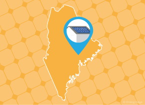 Simple map of Maine with a map pin showing a roof with installed solar panels