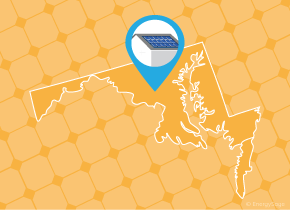 Simple map of Maryland with a map pin showing a roof with installed solar panels