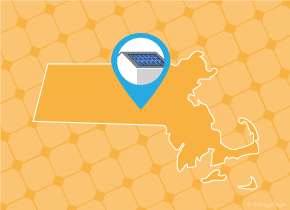 Simple map of Massachusetts with a map pin showing a roof with installed solar panels