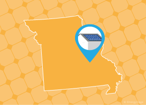 Simple map of Missouri with a map pin showing a roof with installed solar panels