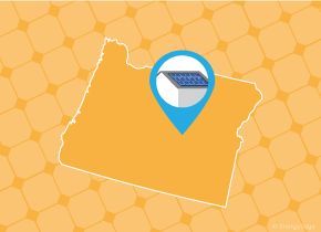 Simple map of Oregon with a map pin showing a roof with installed solar panels