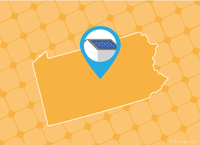 Simple map of Pennsylvania with a map pin showing a roof with installed solar panels