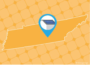 Simple map of Tennessee with a map pin showing a roof with installed solar panels