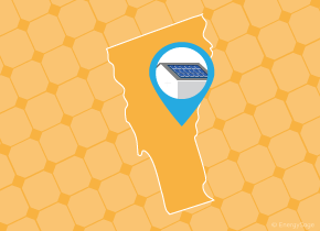 Simple map of Vermont with a map pin showing a roof with installed solar panels