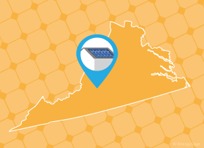 Simple map of Virginia with a map pin showing a roof with installed solar panels